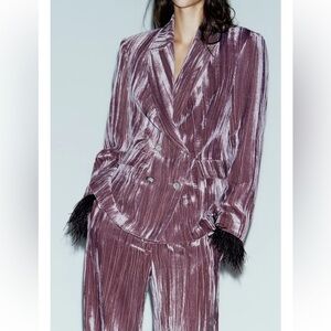 Zara double breasted velvet blazer with feathers and matching pants